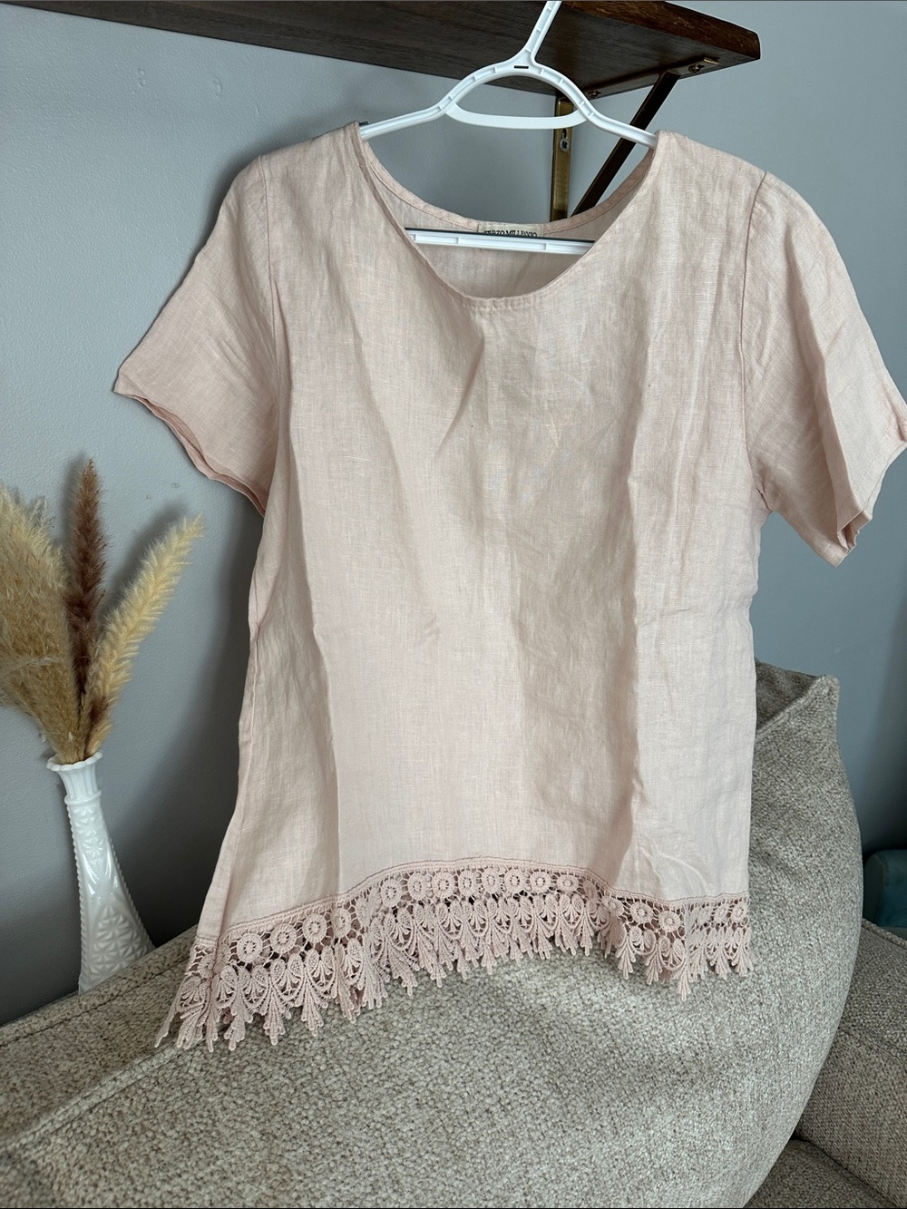 Terzo Millennio Light Blush Crochet-Hem Short Sleeve Linen Top (Made in Italy)